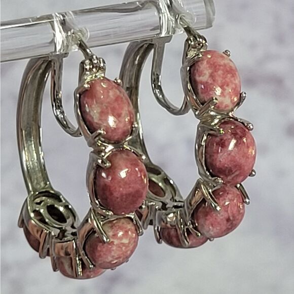 Elegant Silver and Pink Stone Hoop Earrings - Picture 4 of 14